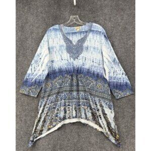 One World Women’s 1X Blue 3/4 Sleeve Top Asymmetrical Hem Tie Dyed Sequins Boho
